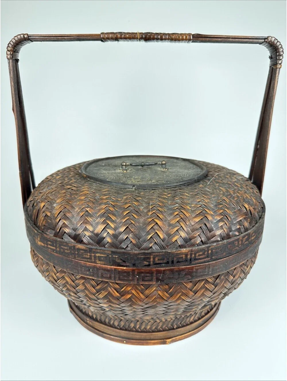 Vintage CHINESE WEDDING BASKET Woven Bamboo with Handle 14”X 15” Lidded